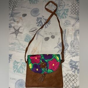 Floral Hand Stitched Brown Crossbody Bag